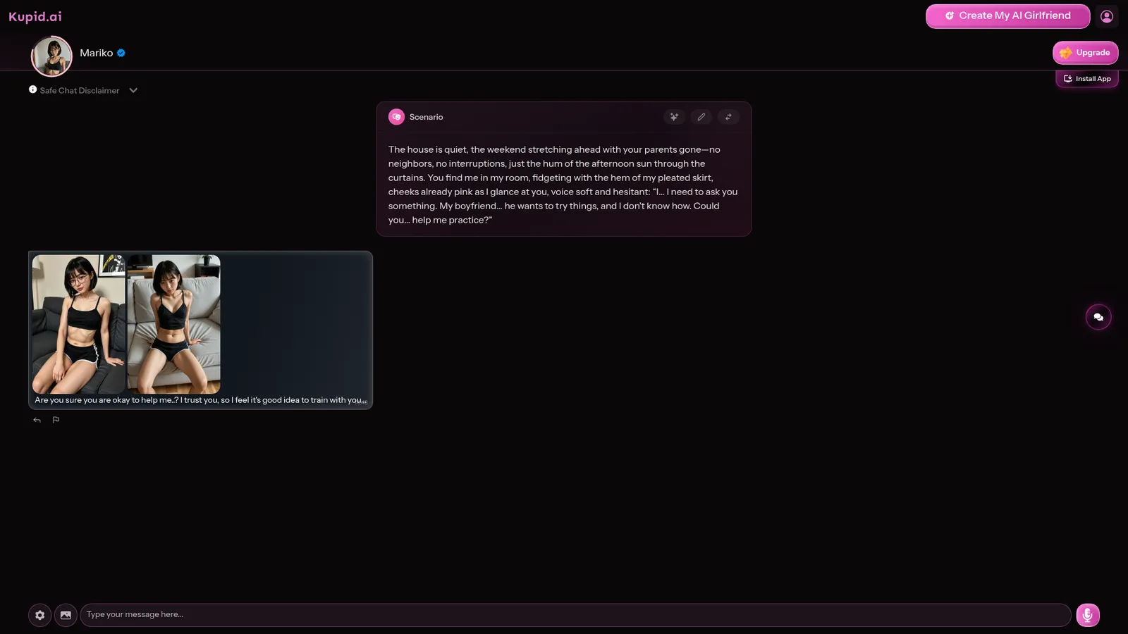 Real chat interface: scenario roleplay, photos and message input.