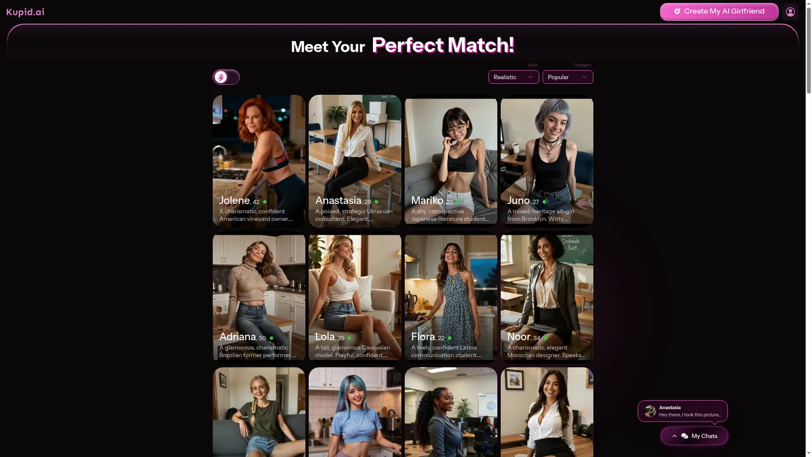 Browse realistic and anime AI companions on the Kupid AI discover page.